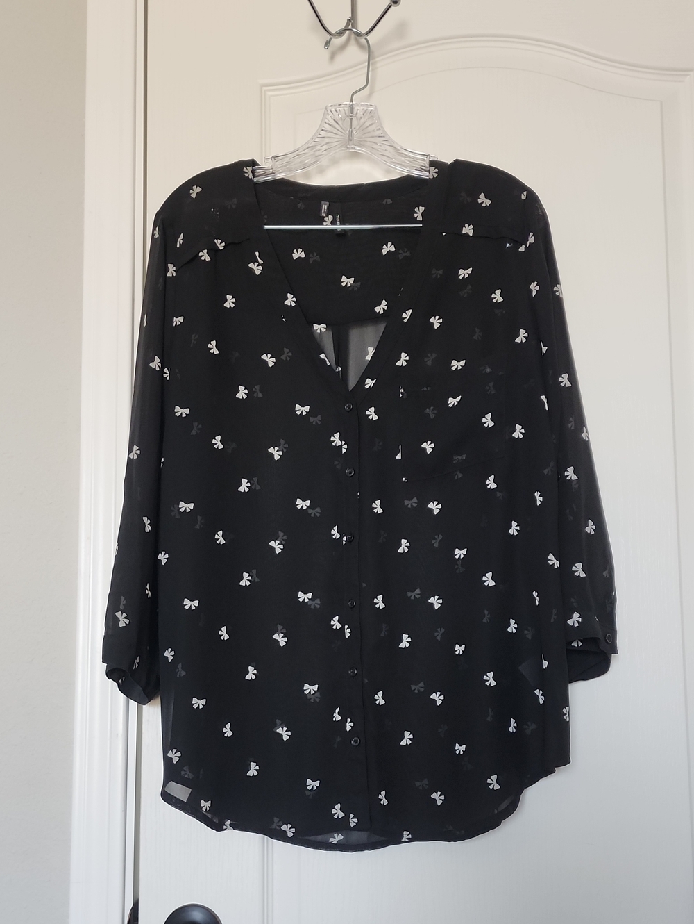 Black Button-Front Blouse with White Bow Print